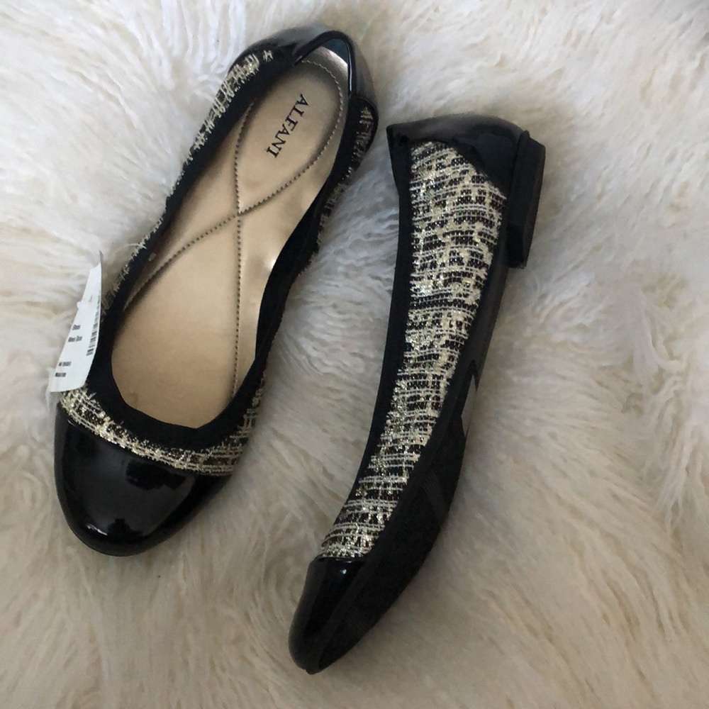 NEW Alfani Womens Ballet Flats Patent Leather Gold/Silver/ Black Weave Slip-On - Picture 2 of 9
